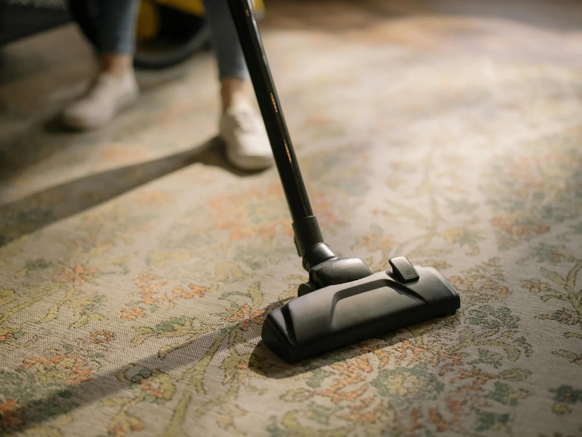 A vacuum cleaner caring for a patterned rug at home